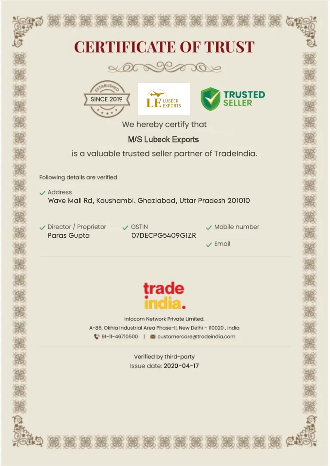 TradeIndia Trust Certificate